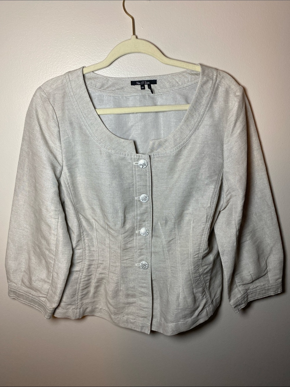 Nic + Zoe Sparkly Cream Button-Front Peplum Tailored Linen Jacket 10